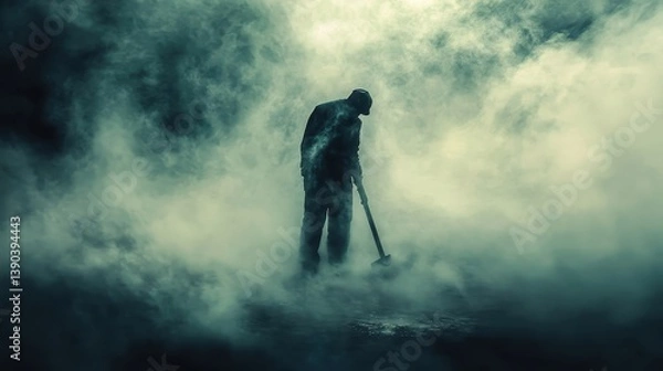 Fototapeta A silhouetted figure is working in a dense and foggy environment