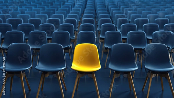 Fototapeta Dare to Be Different: The Bold Statement in Uniformity, One Yellow Chair in rows of blue chairs