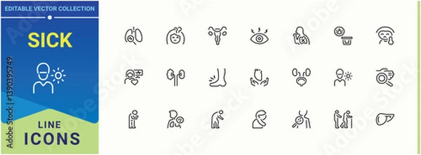 Fototapeta Sick icon set. Contains related to treatment, health care, allergy, health, pain and more. Disease line icon set. UI icons set in a thin style. Vector illustration in modern line style.