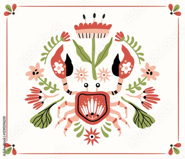 Fototapeta Folk hygge ready to use vector ocean print in Scandinavian style, folkloric isolated design on white. Composition with classic ethnic elements. Scandi folk motifs - sea animals, fishes and flowers