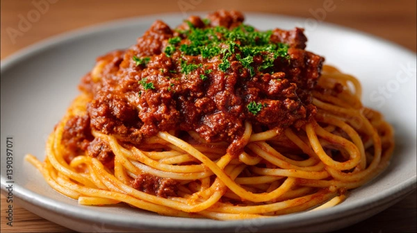 Fototapeta Bolognese pasta with thick meat sauce and parsley topping