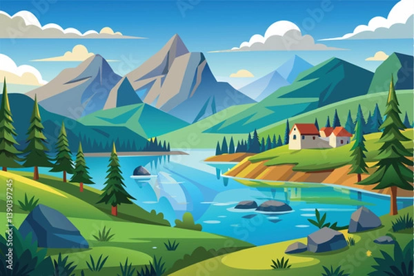 Fototapeta A peaceful illustration of a mountain lake surrounded by green hills, trees, and houses on a sunny day. The water reflects the bright sky and clouds.