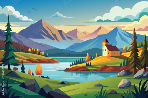 Fototapeta A colorful illustration depicts a mountain lake with a house nestled on a hill overlooking the water. The scene is set in the fall, with bright foliage and a serene, clear sky.
