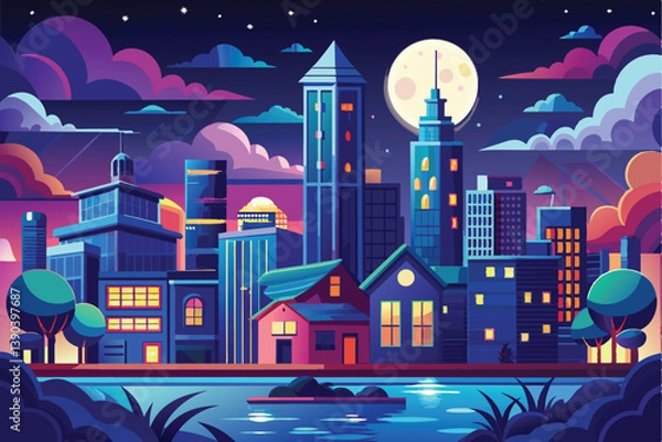 Fototapeta An illustration of a city skyline at night with a full moon in the sky. The buildings are colorful and illuminated with lights, and there is a river or canal in the foreground.