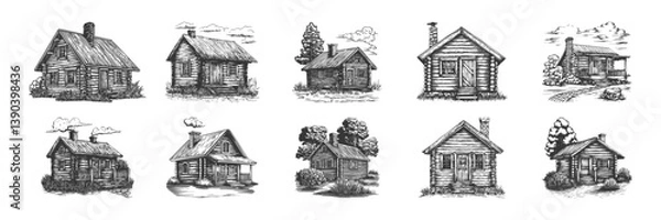 Fototapeta Rustic Log Cabin Illustrations Set In Vintage Style. Traditional Architecture And Countryside Living In Hand Drawn Sketch Style. Isolated Vector Illustration