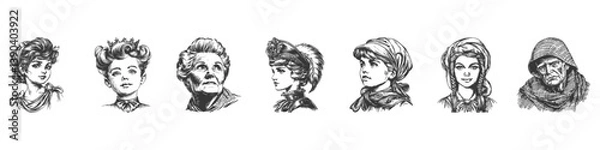 Obraz Vintage Portraits Of Diverse Individuals Across Ages. Illustrating Historical Fashion And Expressions In Hand Drawn Sketch Style. Isolated Vector Illustration