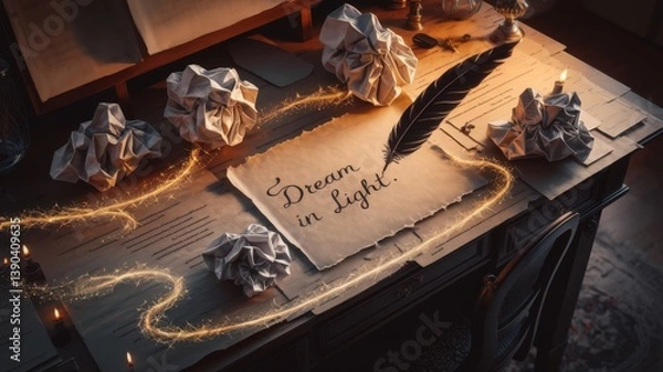 Obraz Magical writing desk with glowing quill, crumpled papers, and illuminated text Dream in Light surrounded by golden sparkles, evoking creativity and inspiration