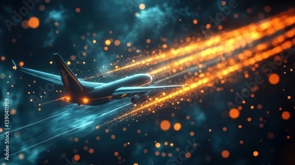 Obraz An airplane ascending through a night sky with bright streaks of light