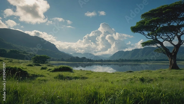 Fototapeta mountain landscape with lake and tree