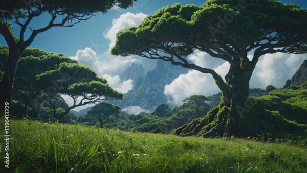 Fototapeta landscape with trees and mountains