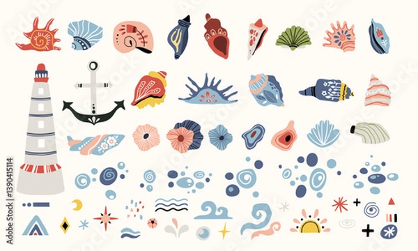 Fototapeta Folk hygge ocean clip arts, hand drawn vector set in Scandinavian Nordic style, isolated on white. Collection of classic ethnic elements. The scandi folk motifs - seashells, anchor and lighthouse