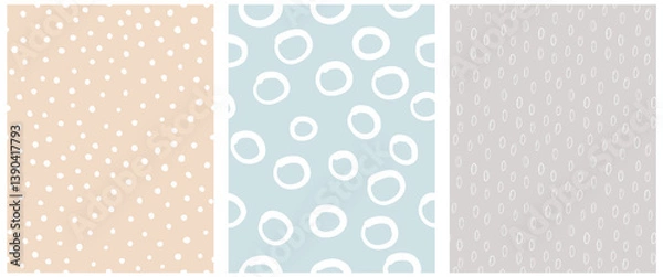 Fototapeta Abstract Hand Drawn Childish Vector Patterns. White Circles, Spots and Dots on a Blue, Gray and Coral Background. Modern Geometric Seamless Pattern. Irregular Freehand Abstract Doodle Print. 