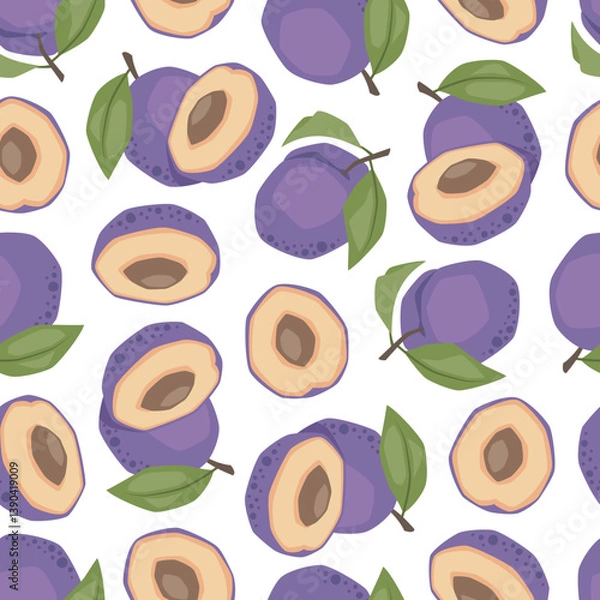 Fototapeta Vector seamless pattern with plum on white background