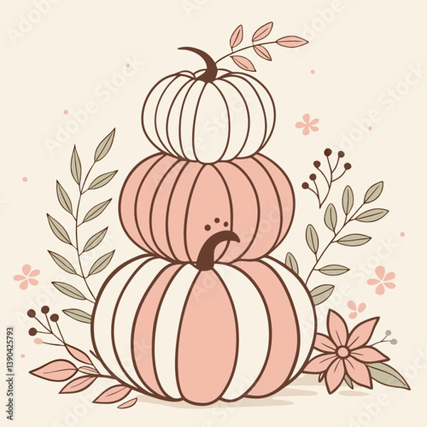 Fototapeta Stack of pumpkins in pastel colors with floral decoration