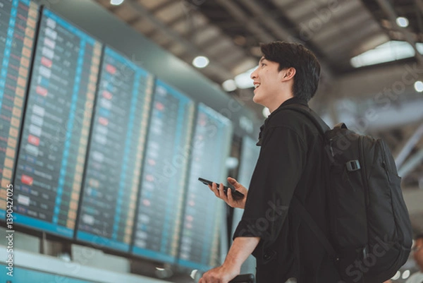 Obraz Happy asian man traveller using smartphone checking flight schedule departures board in departure airport terminal hall in front of check in counters. Tourist journey trip concept