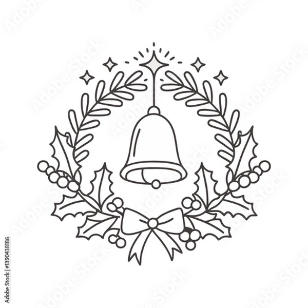 Fototapeta Christmas wreath vector with hanging bell, holly, and bow in elegant black and white line art style