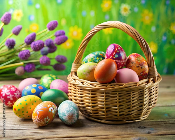 Fototapeta Colorful decorated Easter eggs placed near a wicker basket on a green surface