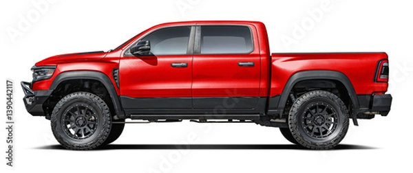 Fototapeta Modern powerful American red pickup truck, side view in png format.