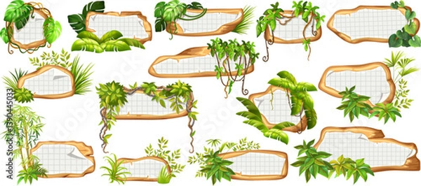 Obraz Game panels in jungle with liana branches and leaves, ivy. Set isolated wooden elements with old paper, with ragged square graph paper, school math sheet. Vector signboards with school page.
