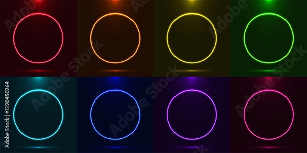 Fototapeta Set of neon glowing circles on black background. Geometric shape with copy space for banner, poster, advertising. Colorful bright glowing neon lights. Futuristic graphic element. Vector illustration
