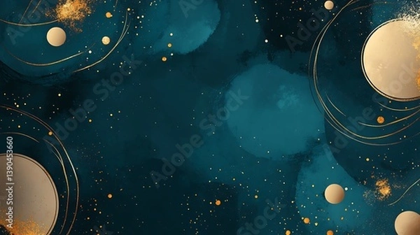 Obraz Teal, gold abstract art background with circles and glitter.