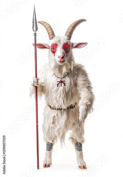 Fototapeta Adorable white Goat , stand Two legs and wearing devil costume , hold Spear of Evil , full body, natural light, full hd 8K, white isolated
