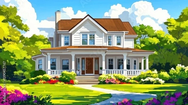 Fototapeta Charming Two-Story House Surrounded by Lush Greenery and Flowers