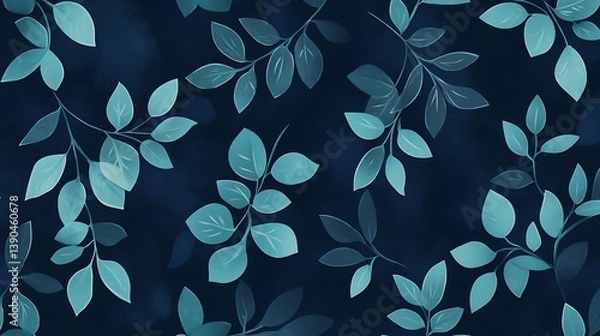 Obraz Teal leaves seamless pattern on dark background.