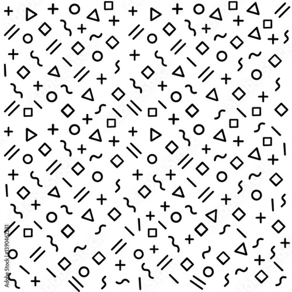 Obraz Seamless monochrome Memphis geometric pattern background with retro 80s and 90s abstract shapes including circles, triangles, squares, lines, and wavy elements
