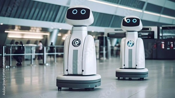Fototapeta Robots in the Airport: Two futuristic robots navigate through the airport. Modern technology taking center stage, offering a glimpse into the future of automated assistance.
