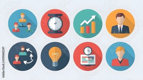 Fototapeta A set of modern flat-style business icons with bright colors, long shadows, and minimal details.