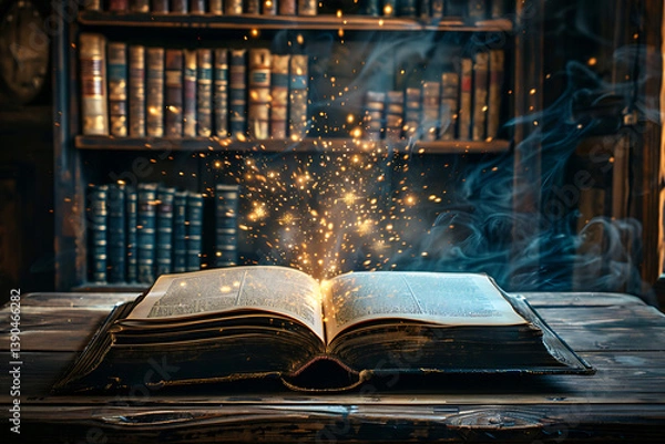 Obraz An open magic book on an old table.