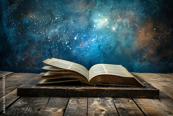 Obraz An open magic book on an old table.