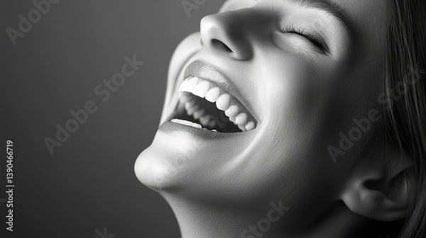 Fototapeta Radiant black and white studio portrait of a cheerful young White woman laughing with authentic joy, expressing happiness and positivity, ideal for emotional wellness and mental health concepts

