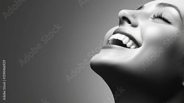 Fototapeta Radiant black and white studio portrait of a cheerful young White woman laughing with authentic joy, expressing happiness and positivity, ideal for emotional wellness and mental health concepts

