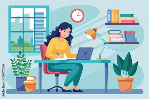 Fototapeta In a bright home office adorned with plants and books, a woman sits at her desk focused on her laptop, jotting down notes while the clock ticks nearby.