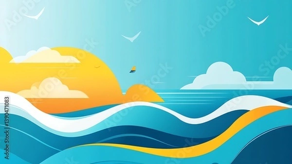 Fototapeta Vibrant summer seascape with sun, waves, and birds.