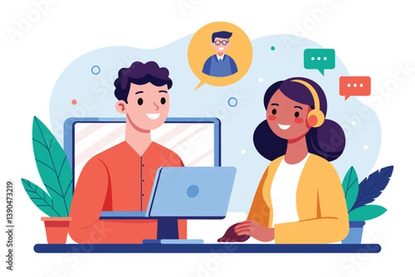 Fototapeta A man and a woman are actively participating in an online consultation, sitting at a desk with a laptop and vibrant plants, creating a lively workspace atmosphere.