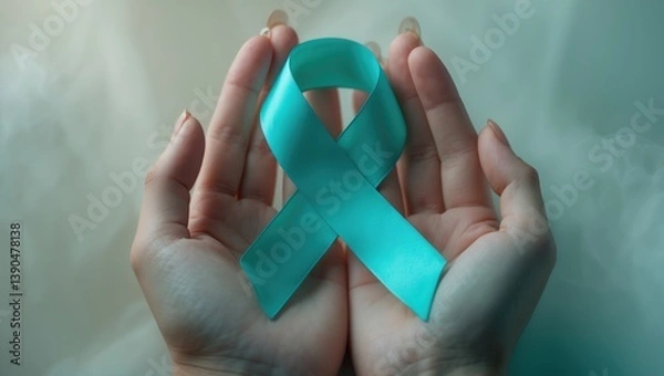 Obraz Teal ribbon awareness in female hands with a background featuring copy space. Symbolic representation of cancer and health care concept.