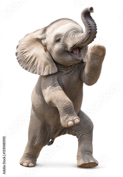 Obraz happy elephant dance dance , stand up by two legs and funny dance , smile, realistic pose, full body, natural light, full hd 8K, white isolated background, hyperrealistic photography