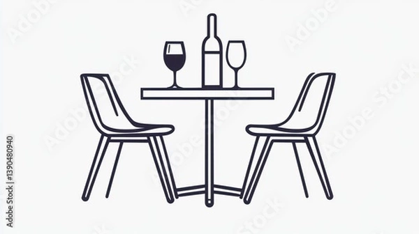 Fototapeta Simple outline illustration of a table and chairs with wine glasses and bottle, for restaurant or cafe concept