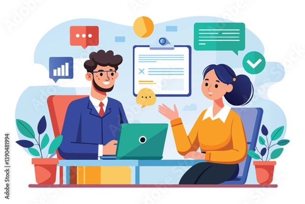 Obraz Two colleagues collaborate on a project in a contemporary office. The man uses a laptop while the woman presents ideas, surrounded by digital communication elements.