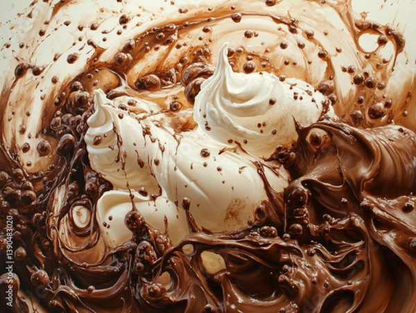 Fototapeta Close up of chocolate splashes and whipped cream. illustration