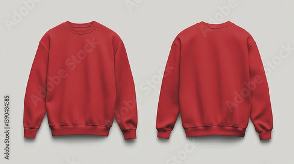 Fototapeta Blank red crewneck sweatshirt clothing mockup, showing back and front sides. Isolated