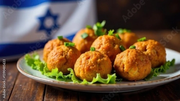 Obraz Golden Crispy Falafel Balls on Lettuce with Fresh Green Garnish