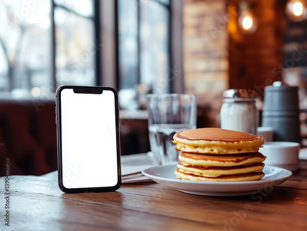 Fototapeta Blank smartphone screen for your message, with a stack of pancakes in a cozy breakfast restaurant diner setting