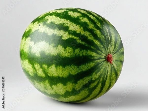 Fototapeta Green watermelon with dark stripes and a red stem sits on a white surface, highlighting its smooth, rounded shape and vibrant colors in natural light. No text is present