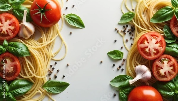 Obraz Spaghetti with tomatoes, garlic, and basil arranged on a white background. Aerial view.