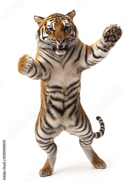 Obraz happy tiger dance , stand up by two legs and funny dance , smile, realistic pose, full body, natural light, full hd 8K, white isolated background, hyperrealistic photography