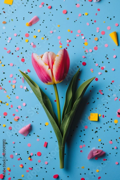 Fototapeta Vertical bouquet of pink tulips with confetti in the background. Spring pastel colors